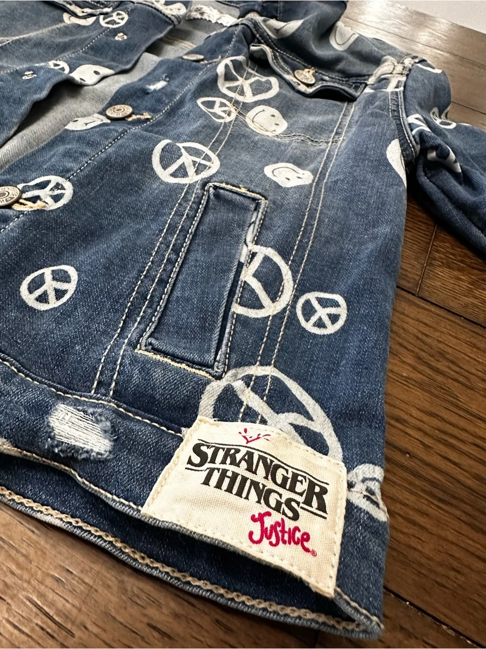Justice Blue Denim Stranger Things Jacket with White Peace Signs & Smiley Print